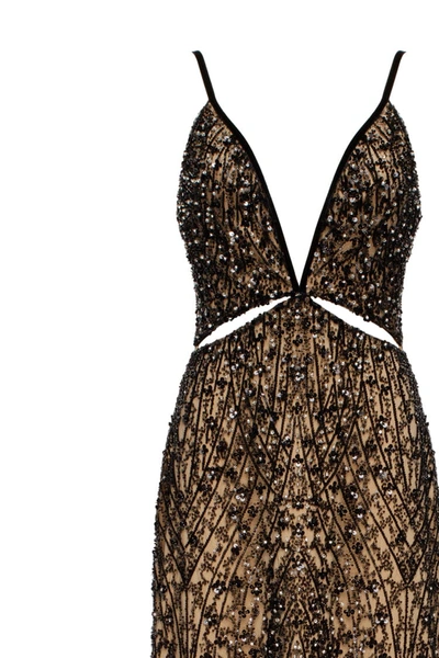 Milla Gala-worthy Beige Maxi Dress Covered In Black Sequined Ornament, Smoky Quartz In Beige&black