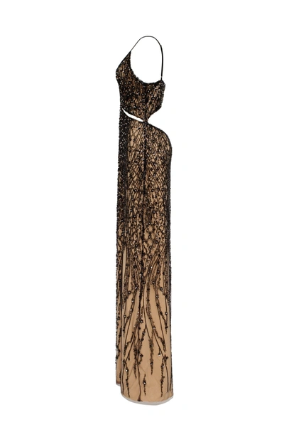 Milla Gala-worthy Beige Maxi Dress Covered In Black Sequined Ornament, Smoky Quartz In Beige&black