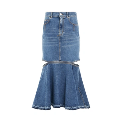 Shop Alexander Mcqueen Slashed Midi Denim Skirt