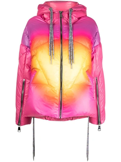 Khrisjoy Drawstring Hooded Puffer Jacket With Flared Hem In Bubblegum/yellow