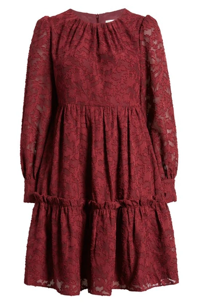 Eliza J Floral Lace Long Sleeve Tiered Dress In Wine