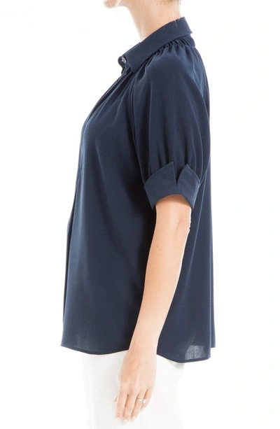 Shop Max Studio Textured Puff Sleeve Blouse In Navy