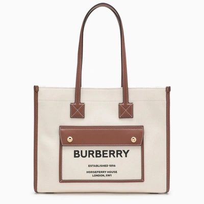 Shop Burberry Freya Small Beige/leather Tote