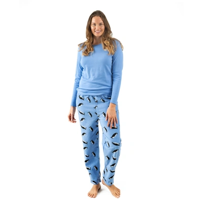 Shop Leveret Christmas Womens Cotton Top And Fleece Pant Pajamas Penguin In Blue