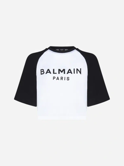 Shop Balmain Logo Cotton Cropped T-shirt In White,black