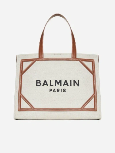 Shop Balmain B-army Canvas Medium Tote Bag In Natural,tan