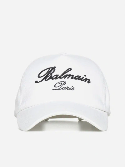 Shop Balmain Logo Cotton Baseball Cap In Ivory,black