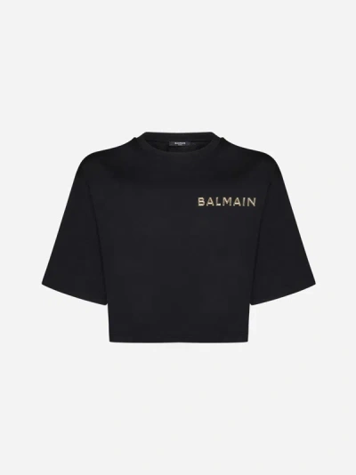 Shop Balmain Logo Cotton Cropped T-shirt In Black,gold