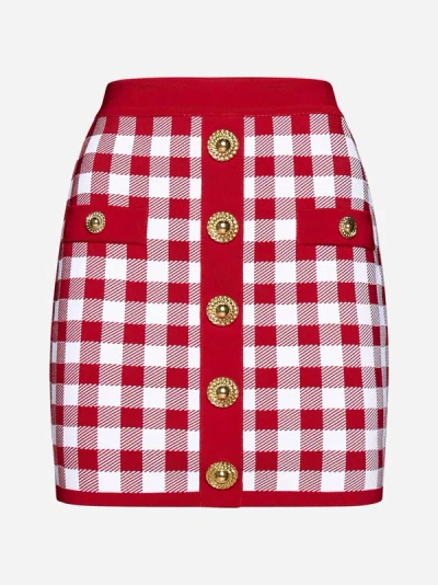 Shop Balmain Vichy Viscose-blend Knit Miniskirt In Red,white