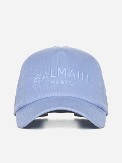 Shop Balmain Logo Cotton Baseball Cap In Light Blue