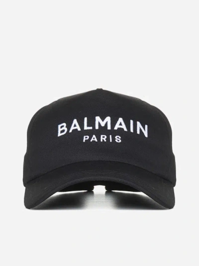 Shop Balmain Logo Cotton Baseball Cap In Black,white