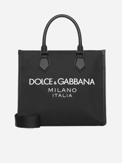 Shop Dolce & Gabbana Logo Canvas Shopping Bag In Black