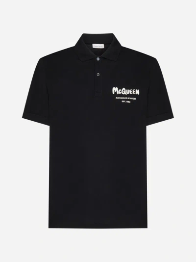 Shop Alexander Mcqueen Graffiti Logo Cotton Polo Shirt In Black