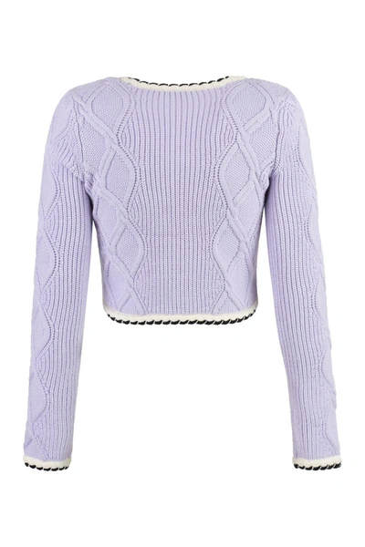 Shop Self-portrait Cropped-length Knitted Cardigan In Lilac