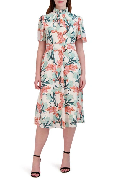 Julia Jordan Floral Print Flutter Sleeve Midi Dress In Ivory Multi