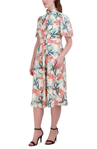 Julia Jordan Floral Print Flutter Sleeve Midi Dress In Ivory Multi
