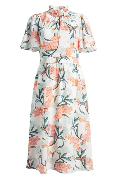 Julia Jordan Floral Print Flutter Sleeve Midi Dress In Ivory Multi