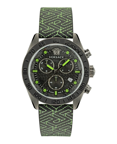 Shop Versace Greca Dome Chrono Leather Watch In Black