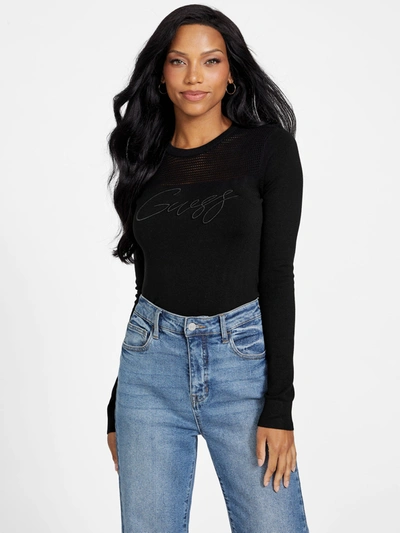 Shop Guess Factory Eco Waden Mesh Sweater In Black