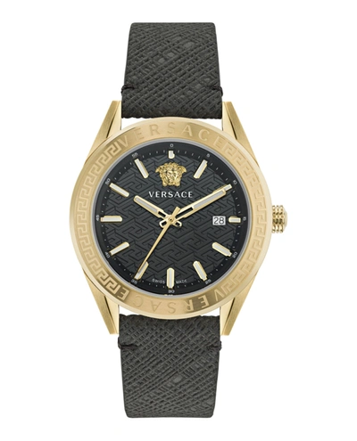 Shop Versace V-code Leather Watch In Gold