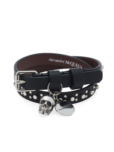 Shop Alexander Mcqueen Men's Double Wrap Leather Bracelet In Black