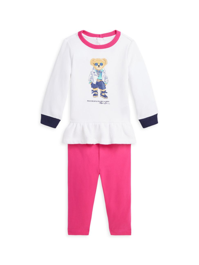 Shop Polo Ralph Lauren Baby Girl's Peplum Sweatshirt & Leggings Set In Bright Pink White