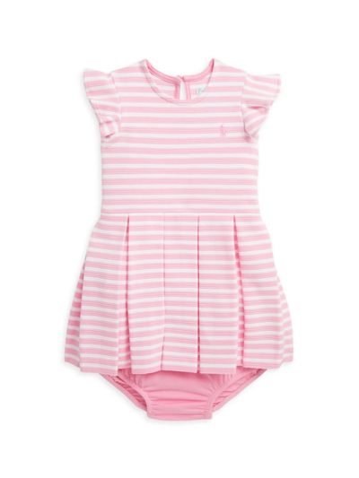 Shop Polo Ralph Lauren Baby Girl's Striped Pleated Dress & Bloomers Set In Course Pink White