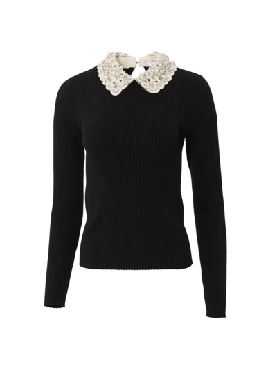 Shop Carolina Herrera Women's Chalet Beaded Lace-collar Rib-knit Wool Sweater In Black