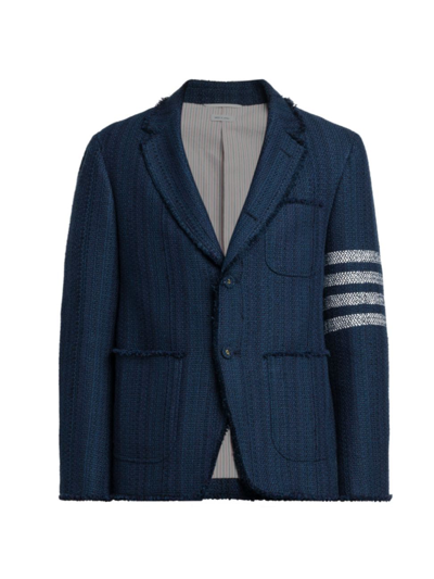 Shop Thom Browne Men's 4-bar Striped Frayed Edge Tweed Jacket In Navy