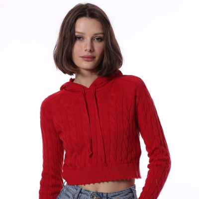 Shop Minnie Rose Cotton Cropped Frayed Cable Hoodie In Red