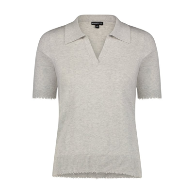 Shop Minnie Rose Cotton Cashmere Short Sleeve Frayed Polo In Grey