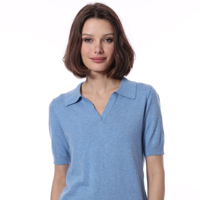 Shop Minnie Rose Cotton Cashmere Short Sleeve Frayed Polo In Blue