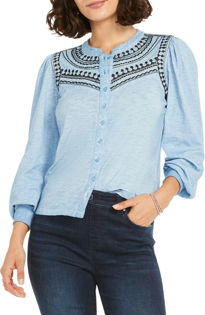 Shop Nic + Zoe Embroidered Cotton Button-up Blouse In Blue Multi