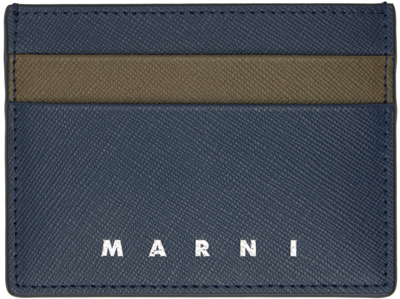 Shop Marni Navy & Taupe Saffiano Leather Card Holder In Zo720 Night Blue/dus
