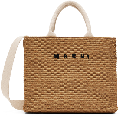 Shop Marni Tan Small East West Tote In Z0r42 Raw Sienna/nat