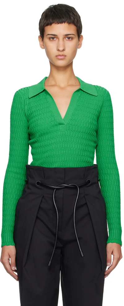 3.1 Phillip Lim Honeycomb Stitch Long-sleeve Polo Top In Gr320 Grass