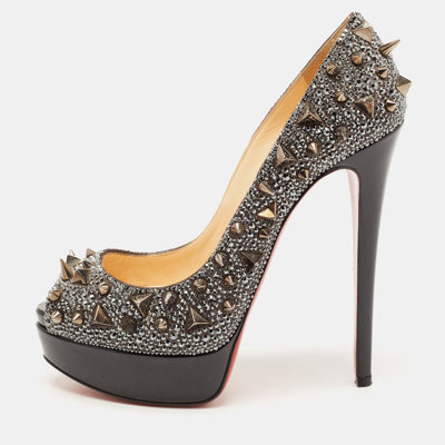 Pre-owned Christian Louboutin Metallic Crystal Embellished Leather Lady Peep Spikes Pumps Size 37.5
