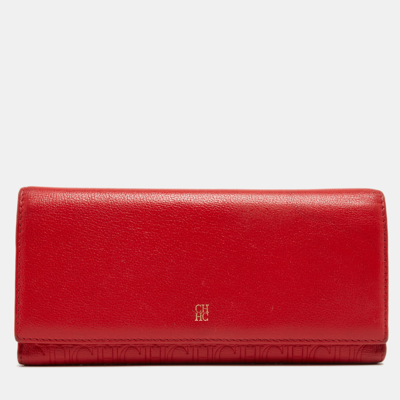 Pre-owned Ch Carolina Herrera Red Monogram Embossed Leather Trifold Continental Wallet