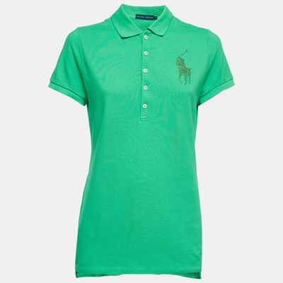Pre-owned Ralph Lauren Green Cotton Glitter Logo Polo T-shirt L