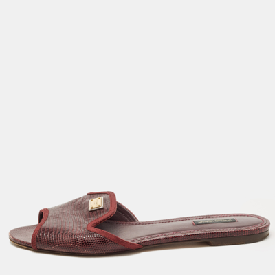 Pre-owned Dolce & Gabbana Burgundy Lizard Embossed Leather Flat Slides Size 40