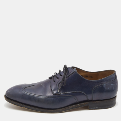 Pre-owned Ferragamo Navy Blue Brogue Leather Lace Up Derby Size 44.5