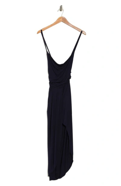 Shop Go Couture Cowl Neck Asymmetric Slit Dress In Navy