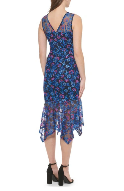Shop Kensie Floral Embroidered Sleeveless Midi Dress In Navy/ Fuschia