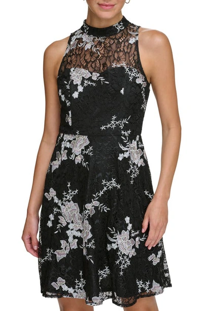 Kensie Women's Printed Sleeveless Fit & Flare Lace Dress In Black Multi