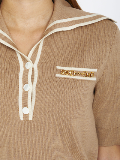 Shop Gucci Wool Polo Shirt With Horsebit In Beige