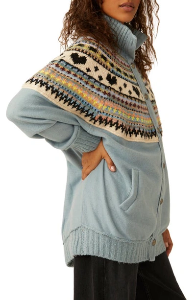 Free People Emily Fair Isle Front Button Sweater In Mineral Rainbow Como