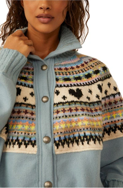 Free People Emily Fair Isle Front Button Sweater In Mineral Rainbow Como