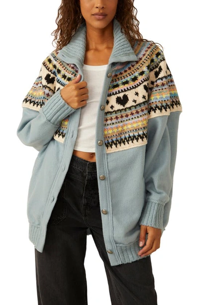 Free People Emily Fair Isle Front Button Sweater In Mineral Rainbow Como