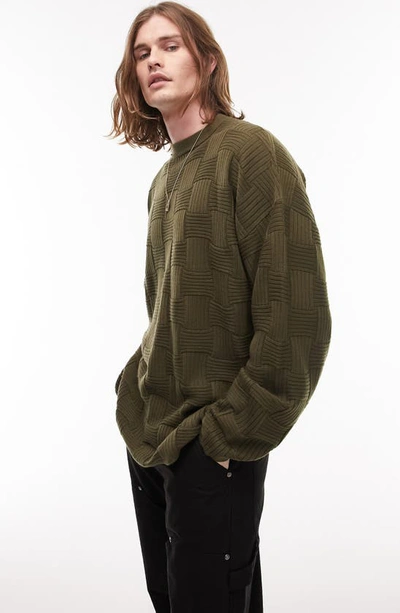 Shop Topman Oversize Basketweave Knit Crewneck Sweater In Dark Green