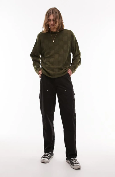 Shop Topman Oversize Basketweave Knit Crewneck Sweater In Dark Green